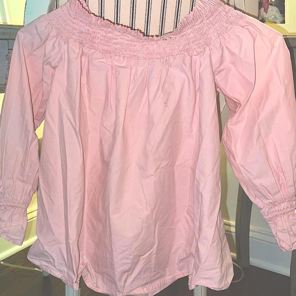 Pale dusty rose off the shoulder blouse with bow tie in back